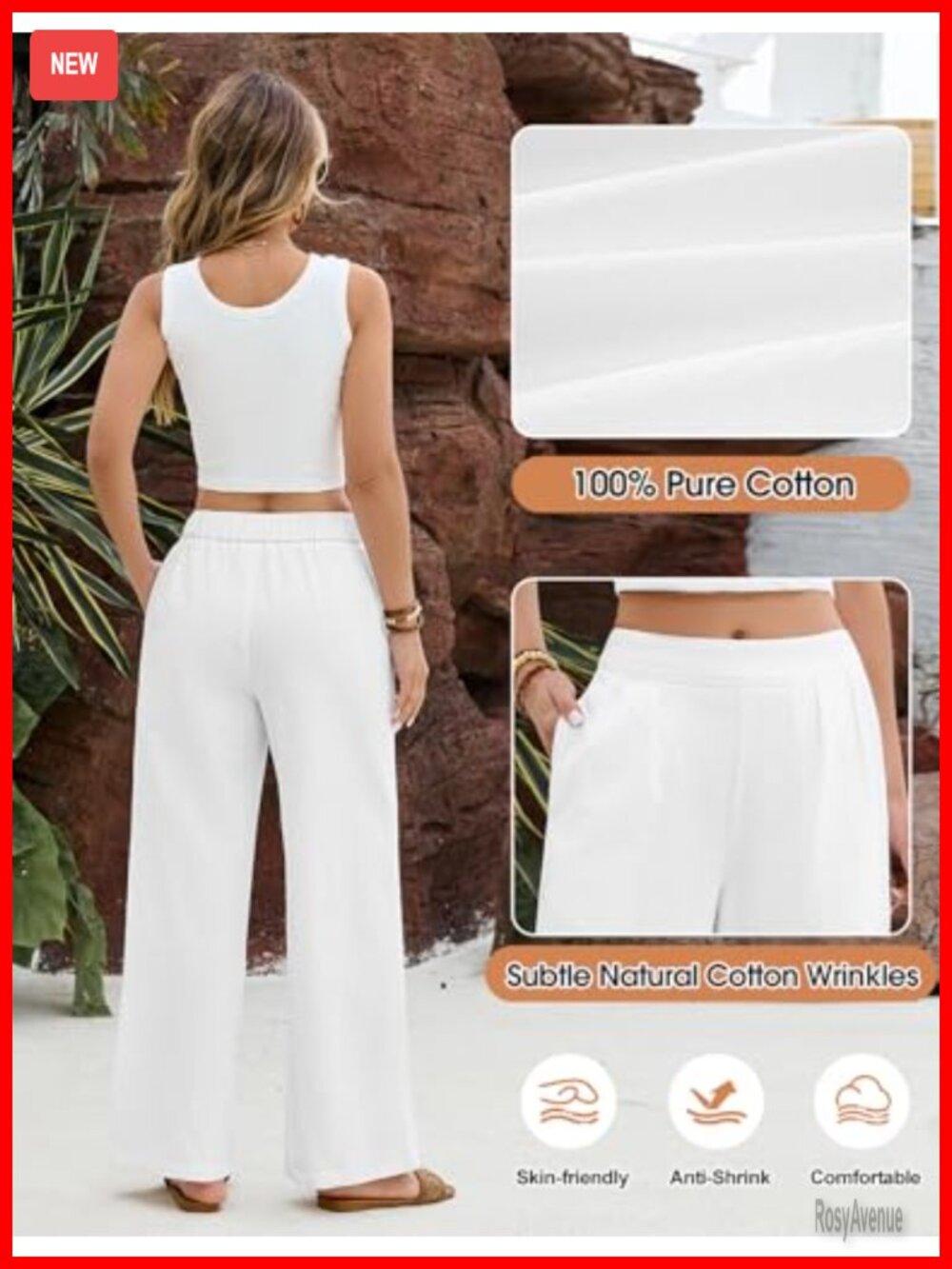 100% Cotton Wide Leg Palazzo Pants Elastic Waist Comfy Trousers - Picture 4 of 6